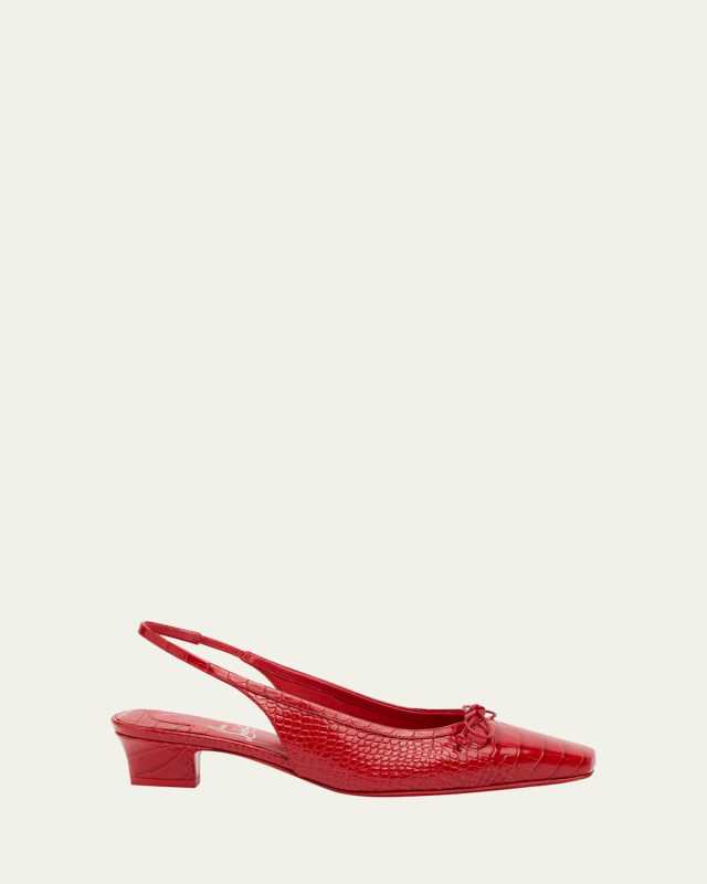 Promess Croc-Embossed Leather Red Sole Ballerina Pumps